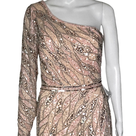 NWT Mac Duggal 4982 Rose Gold Embellished One Shoulder Gown w Sequin Belt - Sz 4 - Picture 4 of 13